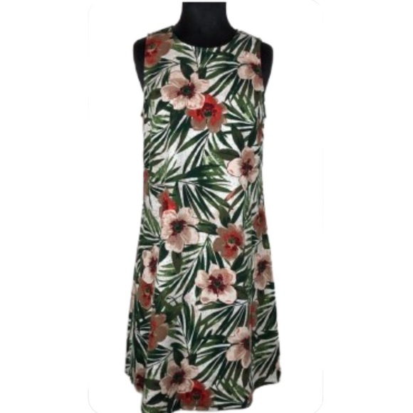 Anne Klein Dress Linen Blend Tropical Floral Leaf Sleeveless Shift Size 6 - Picture 1 of 12